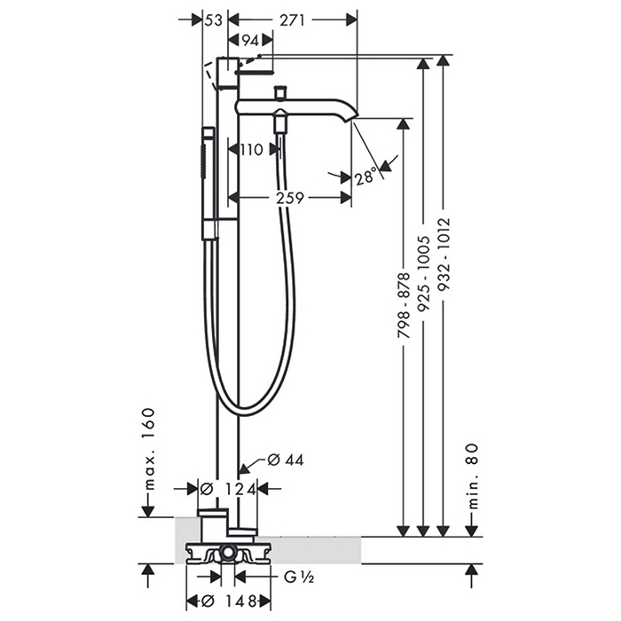 Photo Floor bath mixer Axor Uno 38442820 with shower set polished nickel