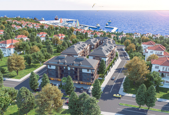 Modern complex next to the marina and green areas