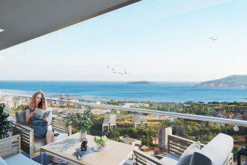 Modern residential complex overlooking the sea and islands