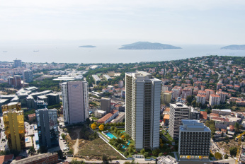 Modern residential complex overlooking the sea and islands