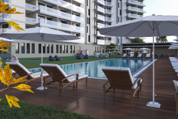 Modern residential complex overlooking the sea and islands
