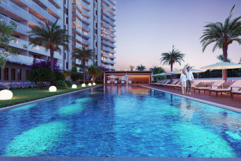 Modern residential complex overlooking the sea and islands