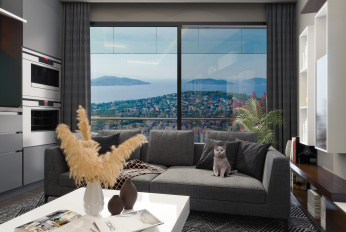Modern residential complex overlooking the sea and islands
