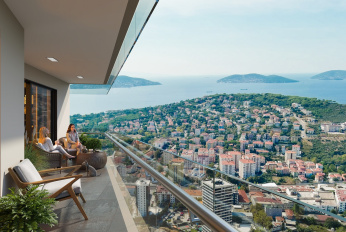 Modern residential complex overlooking the sea and islands