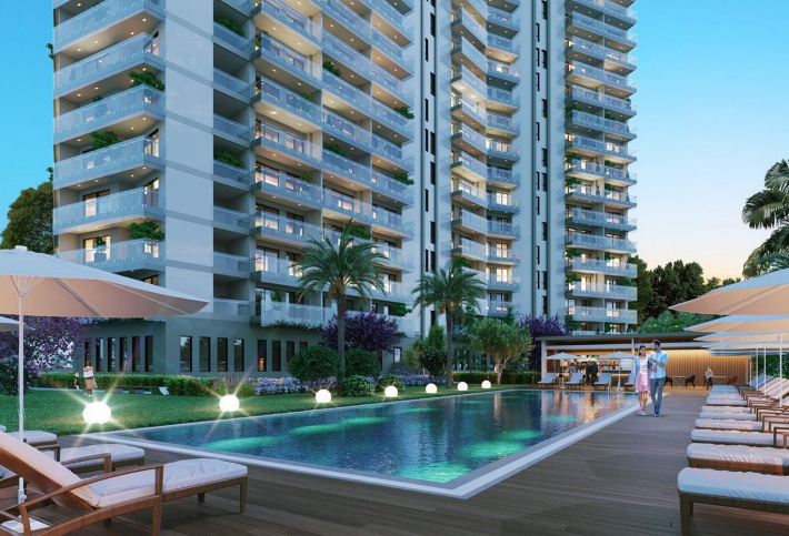 Modern residential complex overlooking the sea and islands