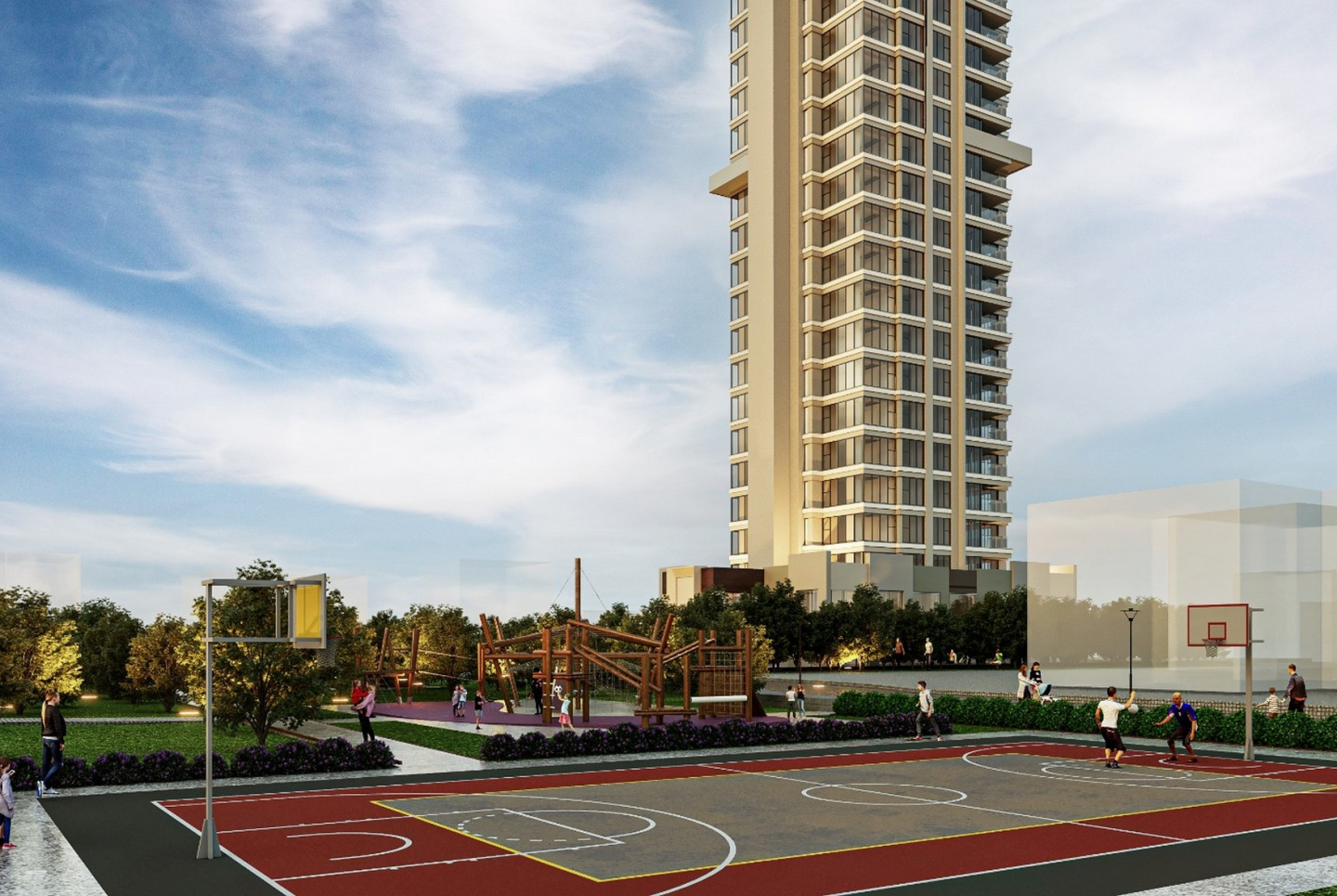 Modern residential complex with sea and forest views