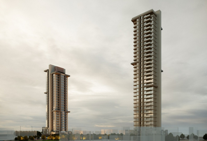 Modern residential complex with sea and forest views