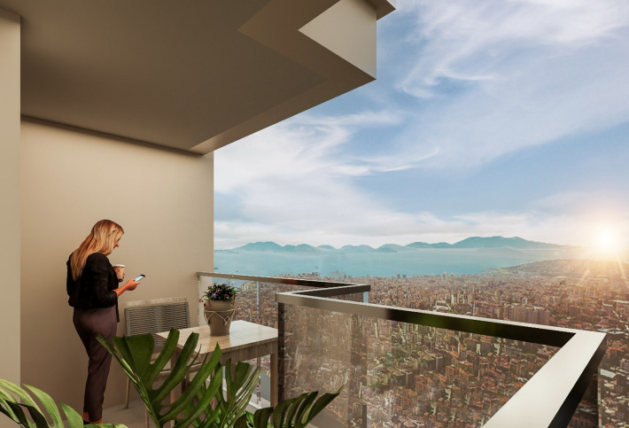 Modern residential complex with sea and forest views