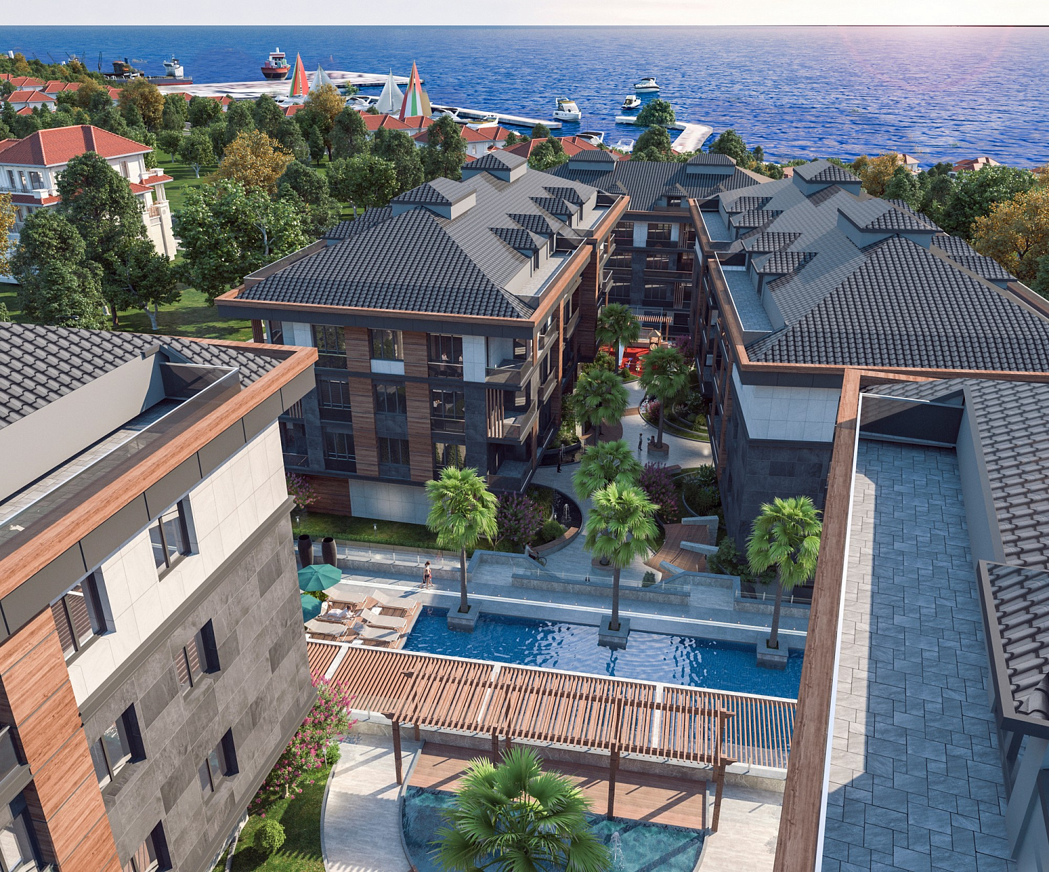 Modern complex next to the marina and green areas