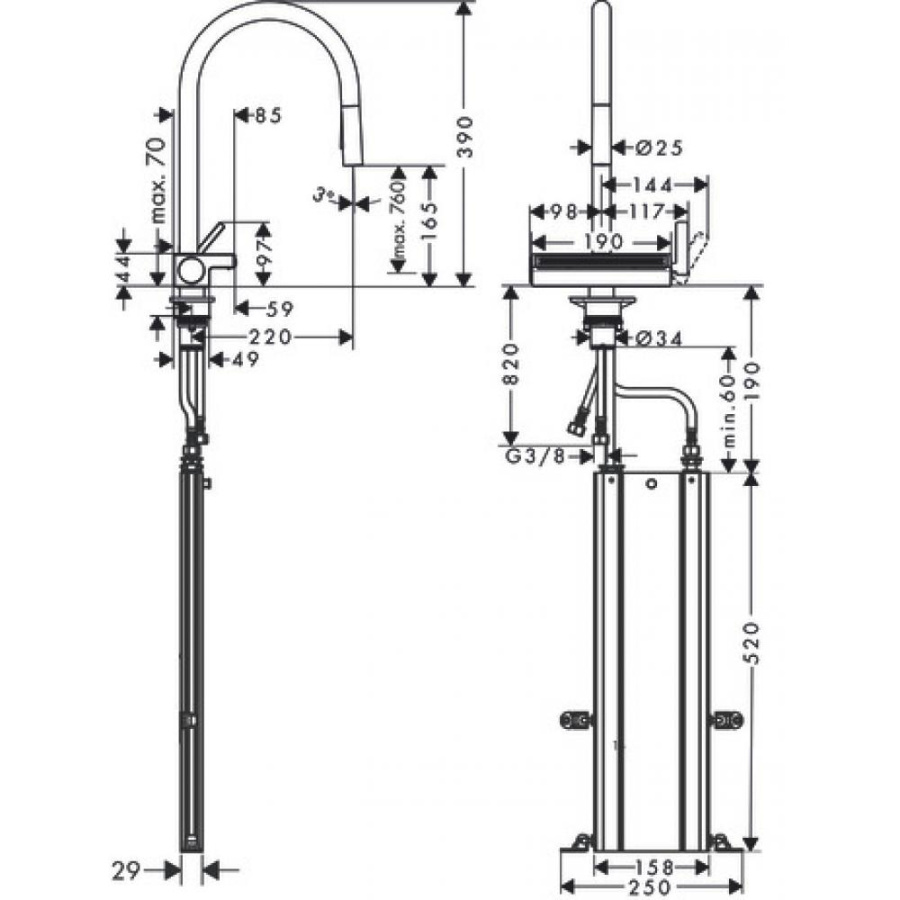 Photo Kitchen mixer hansgrohe Aquno Select M81, 170, 3jet, sBox 73831800 with exhaust shower, steel