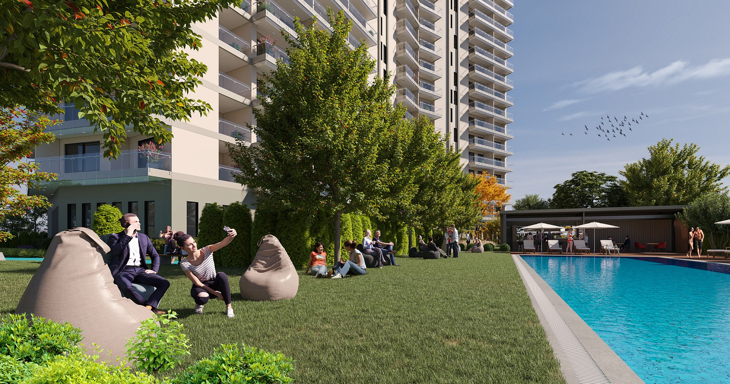 Modern residential complex overlooking the sea and islands
