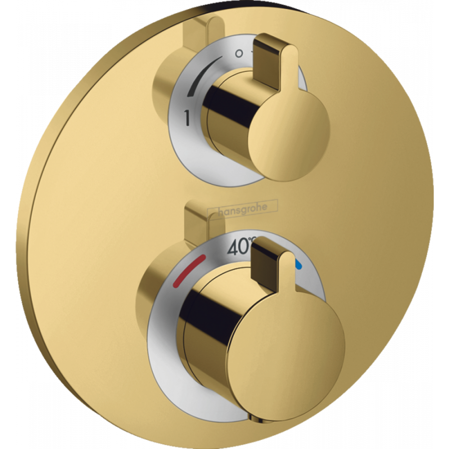 Photo Shower mixer with thermostat hansgrohe Ecostat S, CM, 15758990 with shut-off / switching valve polished gold