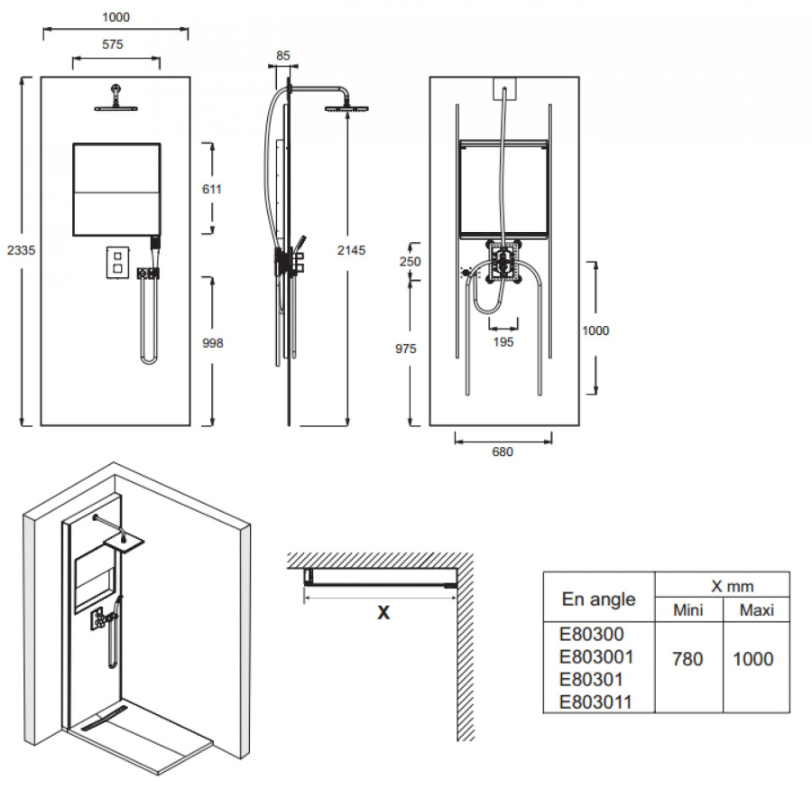 Photo Jacob Delafon Ecrin E803001-D35 shower system with thermostat and backlit chrome/gray