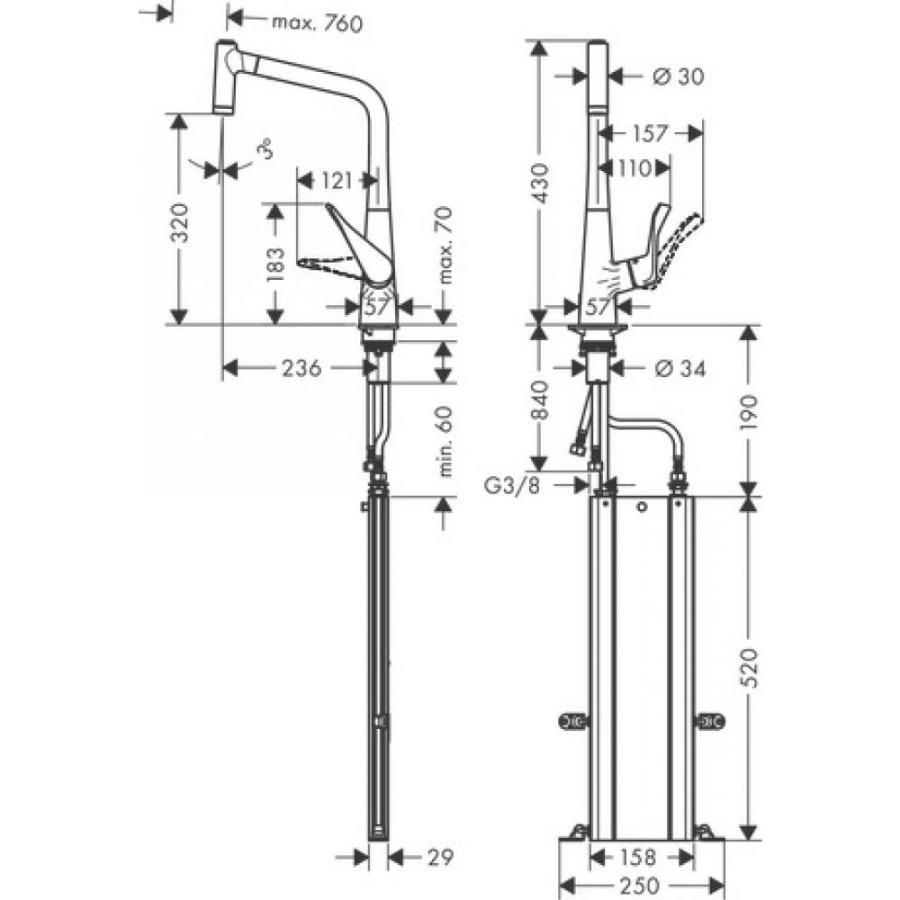 Photo Kitchen mixer hansgrohe Metris M71, 320, 2jet 73801800 with exhaust shower, steel