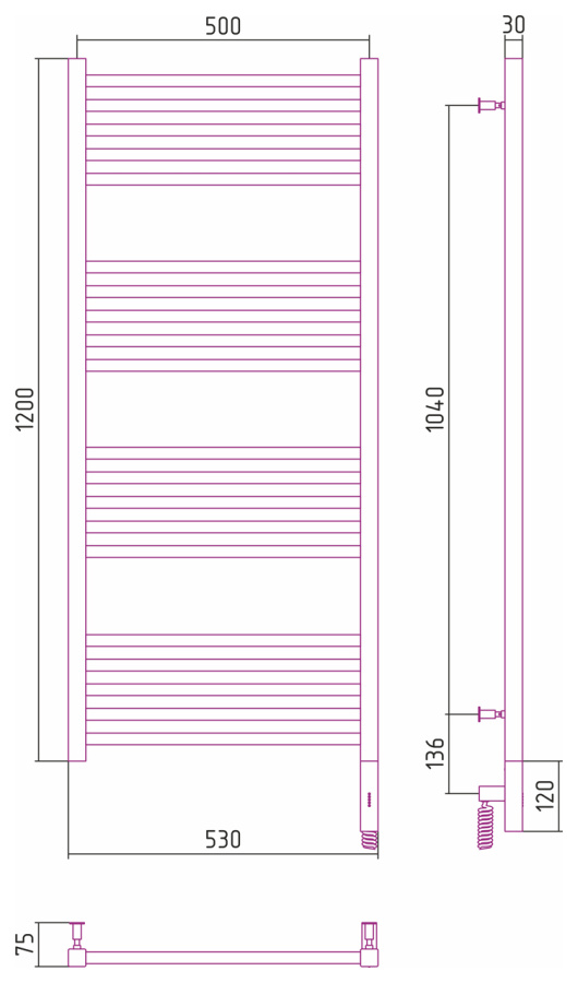 Photo Towel warmer electric Sunerja Modus 3.0 1200x500 MEM right 071-5701-1250 satin