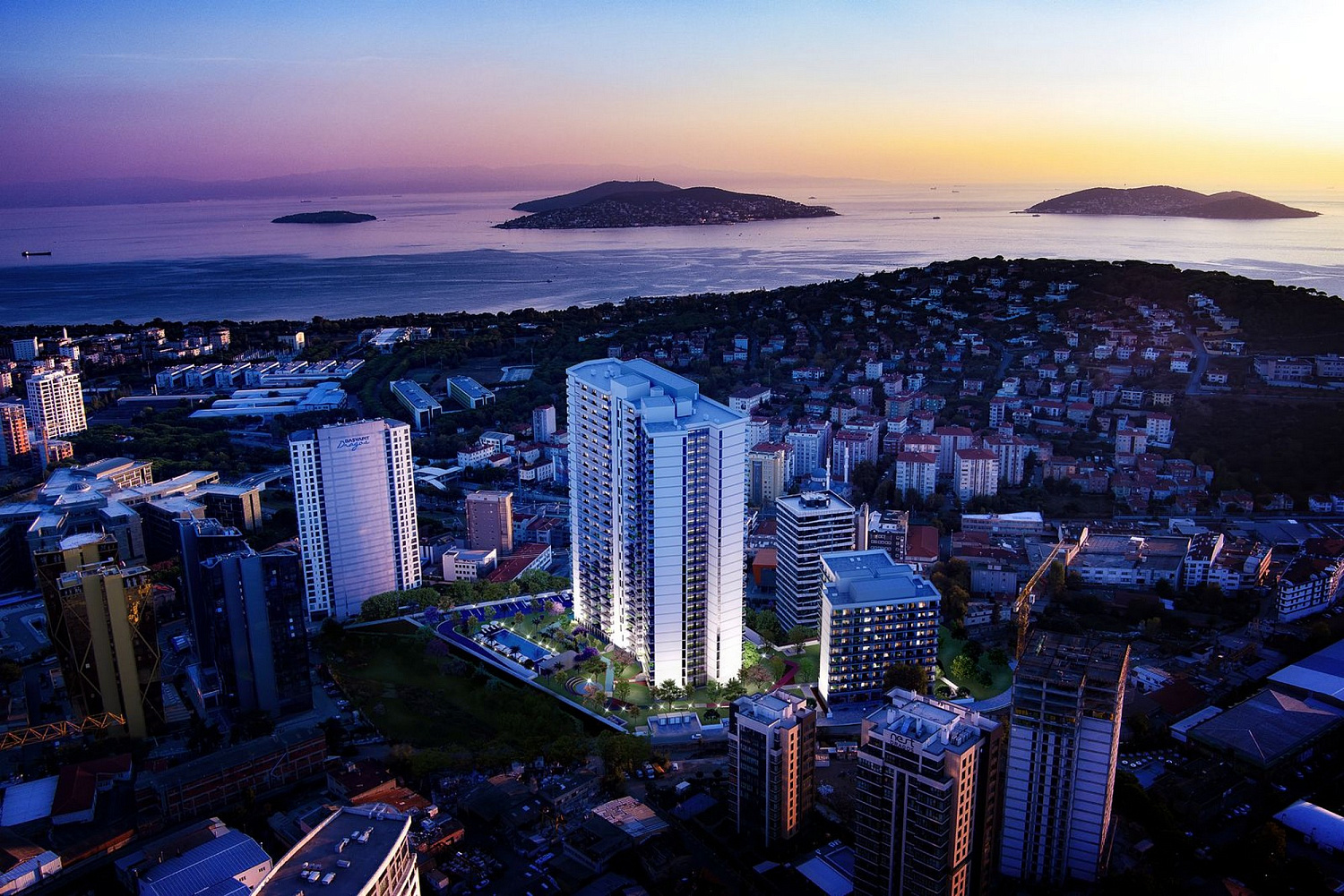 Modern residential complex overlooking the sea and islands