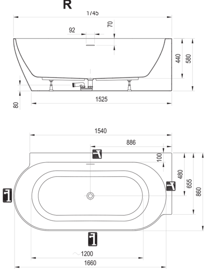Photo Acrylic bath Ravak Freedom Corner II Tec R 175x86 CC81700000,000 right black and white