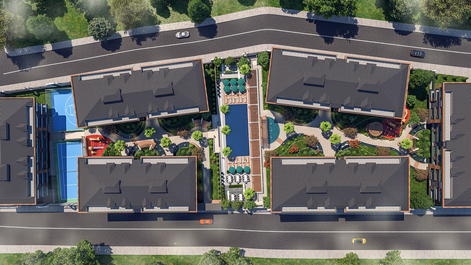 Modern complex next to the marina and green areas