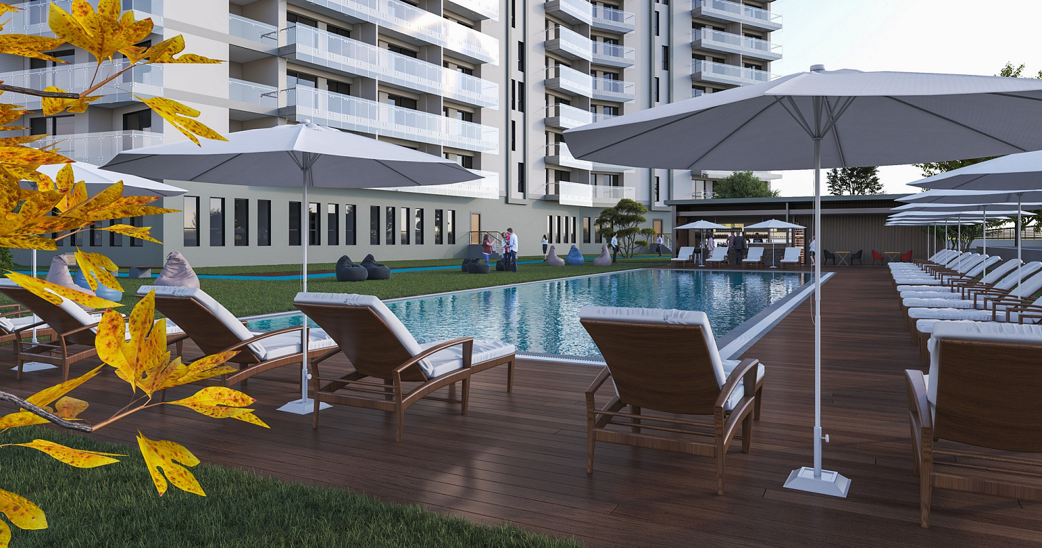 Modern residential complex overlooking the sea and islands