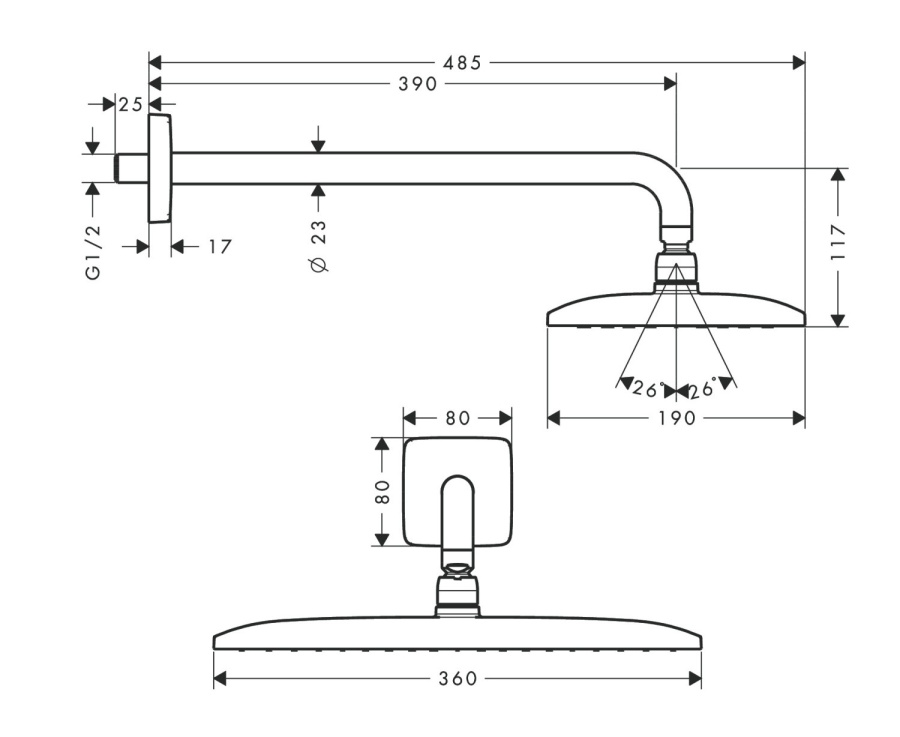 Photo overhead shower hansgrohe Raindanc 360 1jet EcoSmart 26605000 9 l / min with a chrome holder
