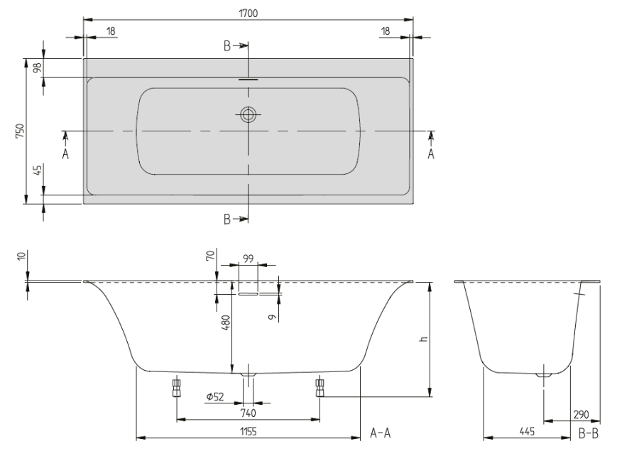 Photo Quaril bath 170x75 cm Villeroy & Boch Subway 3.0 UBQ170SBW2DV-01 with legs and drain-overflow