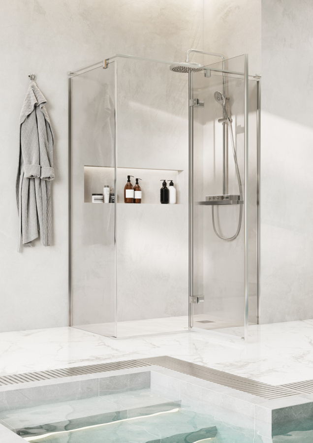 Photo Roca Acropolis door right with side panel 140x80 ZRU9307895 glossy chrome, glass transparent