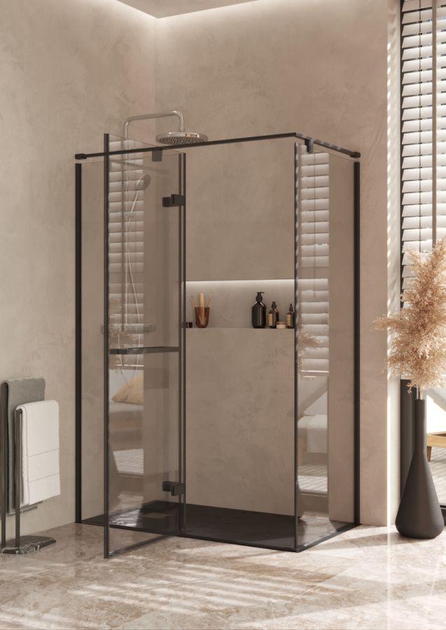 Photo Roca Acropolis door left with side panel 140x80 ZRU9307887 matte black, glass transparent