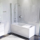 Photo Set of acrylic bath AM.PM Gem W90ASET-150D8 with frame and curtain on board the bath W90BS-D080-140CT+ Shower system Gem with bath mixer F0790000+F90A1000