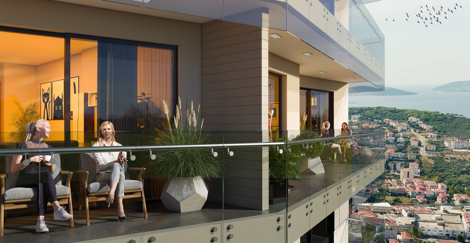 Modern residential complex overlooking the sea and islands