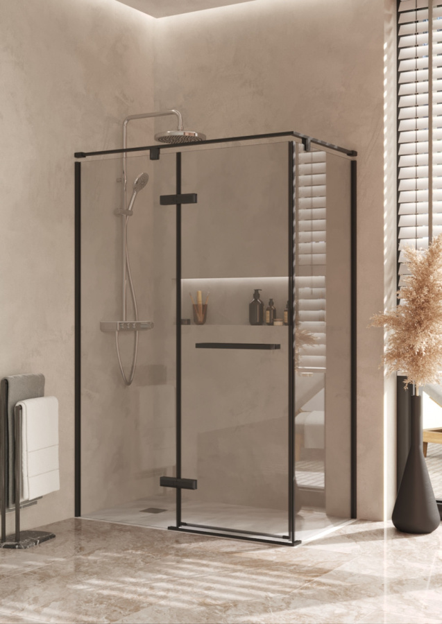 Photo Roca Acropolis door left with side panel 140x80 ZRU9307887 matte black, glass transparent