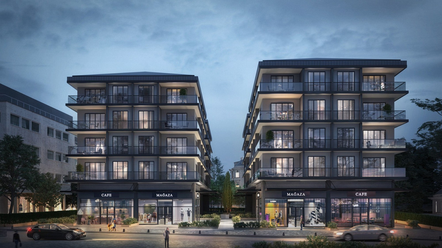 Modern residential complex with terraces and service