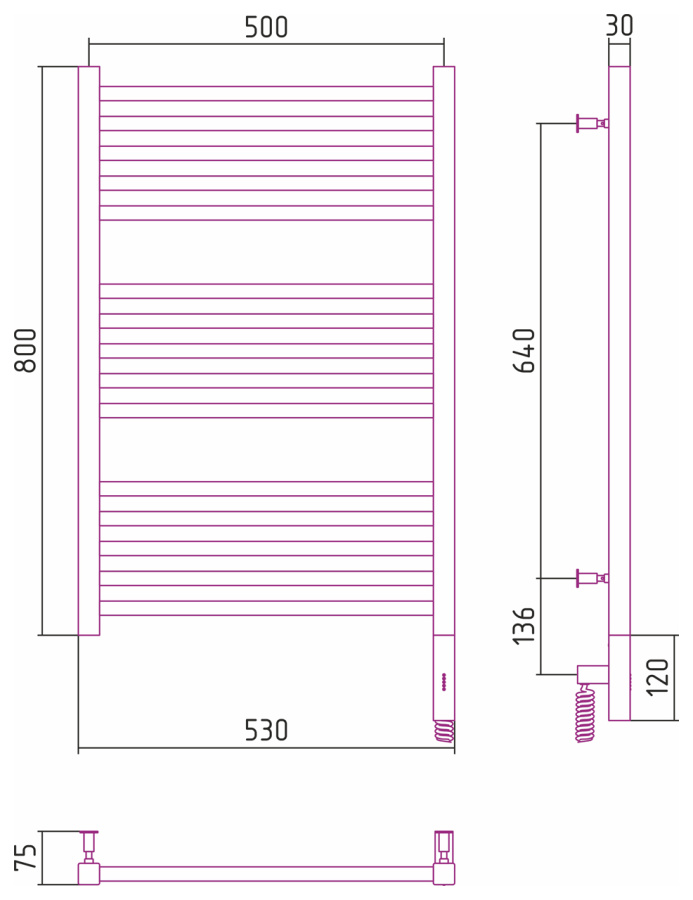 Photo Towel warmer electric Sunerja Modus 3.0 800x500 MEM right 051-5701-8050 aged brass