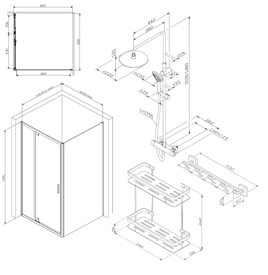 Photo Shower corner set AM.PM Gem 90x90 WK90DJ matte silver