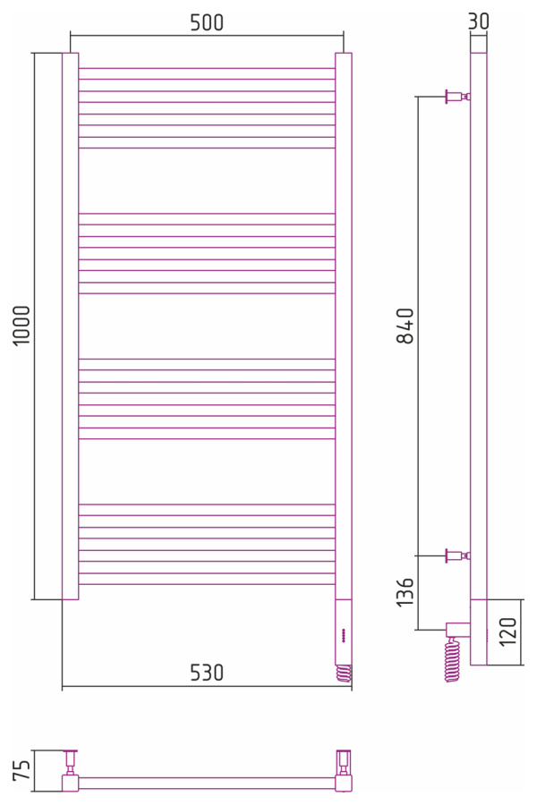 Photo Towel warmer electric Sunerja Modus 3.0 1000x500 MEM right 071-5701-1050 satin