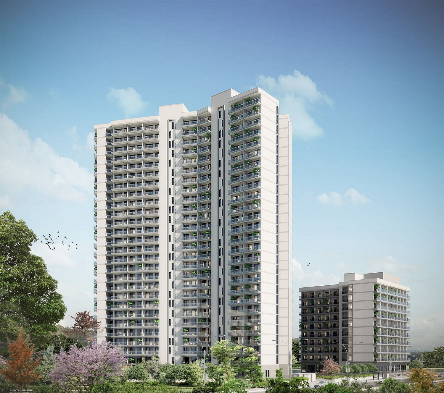 Modern residential complex overlooking the sea and islands