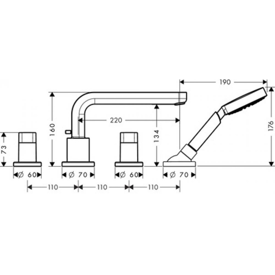 Photo Mixer on the edge of the bath hansgrohe Metris S 31447000 on 4 holes, pouring 22 cm, chrome