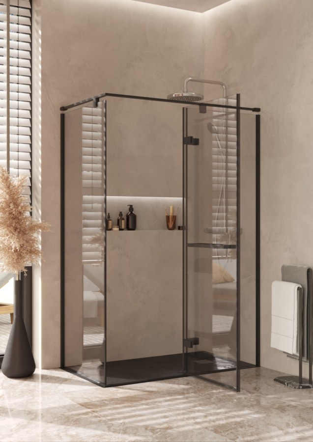 Photo Roca Acropolis door right with side panel 140x80 ZRU9307905 matte black, glass transparent