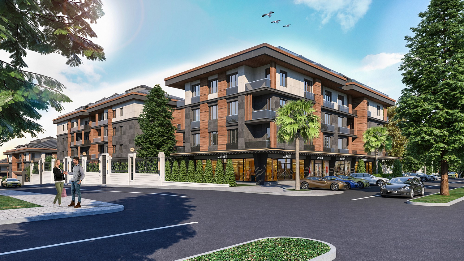 Modern complex next to the marina and green areas