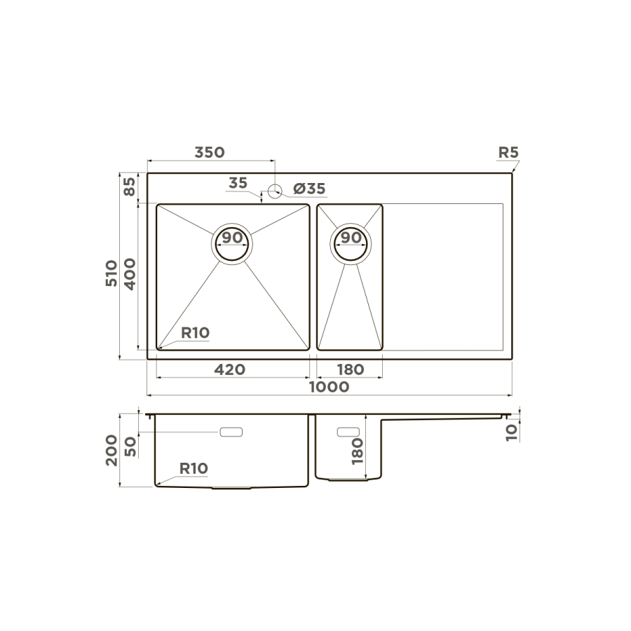 Photo Kitchen washer Omoikiri Akisame 100-2-GM-L Stainless Steel/Crown Steel 4973103