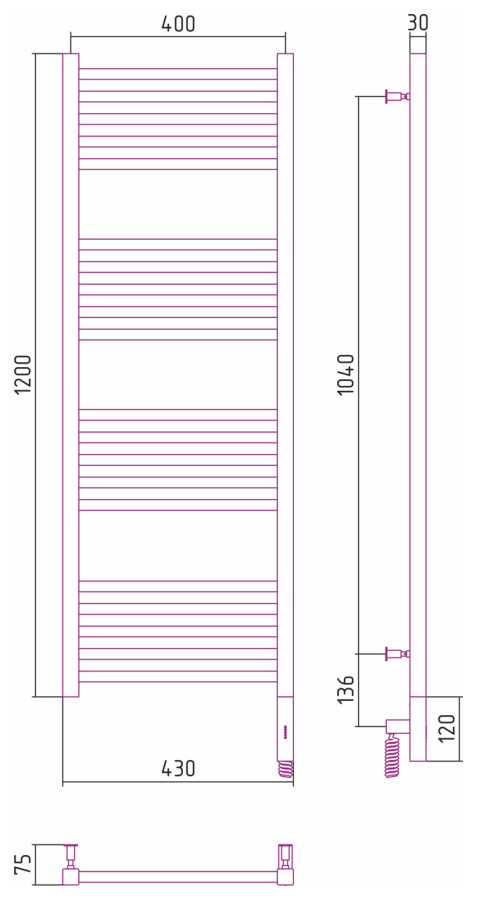 Photo Towel warmer electric Sunerja Modus 3.0 1200x400 MEM right 071-5701-1240 satin