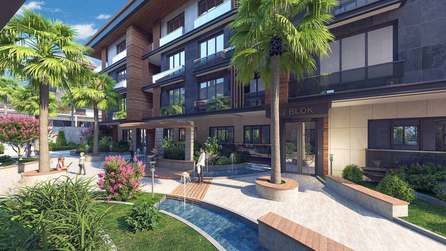 Modern complex next to the marina and green areas