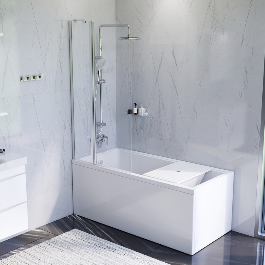 Photo Set of acrylic bath AM.PM Gem W90ASET-150D3W5 with frame and curtain on board the bath W90BS-D3W5-140CT+ shower system Gem with bath mixer F0790000+F90A10