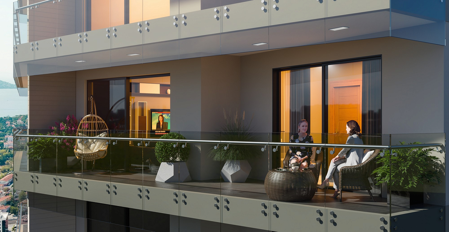 Modern residential complex overlooking the sea and islands