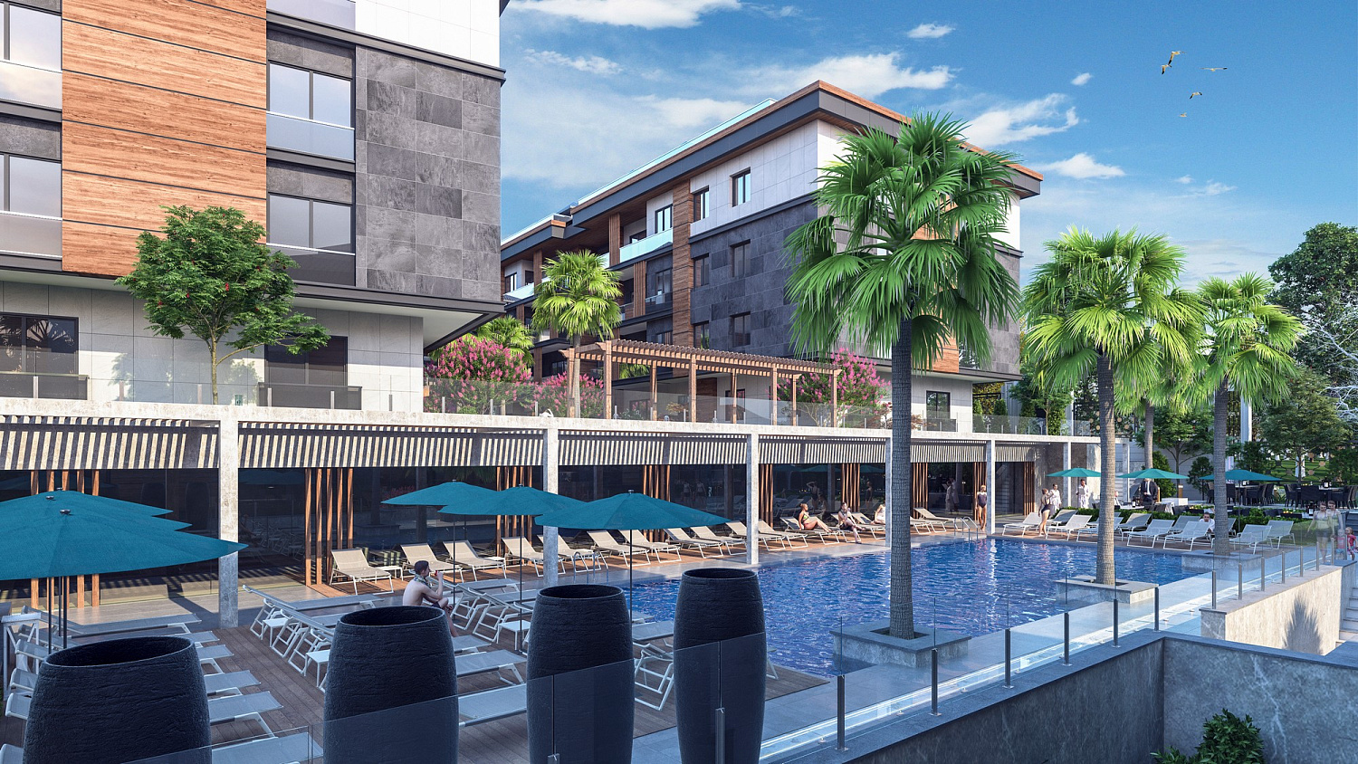 Modern complex next to the marina and green areas