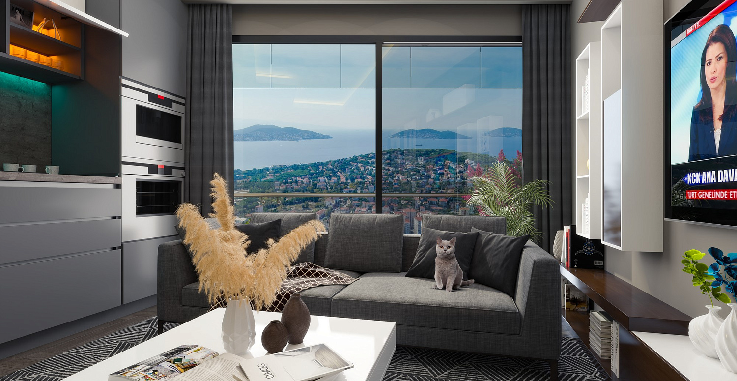Modern residential complex overlooking the sea and islands