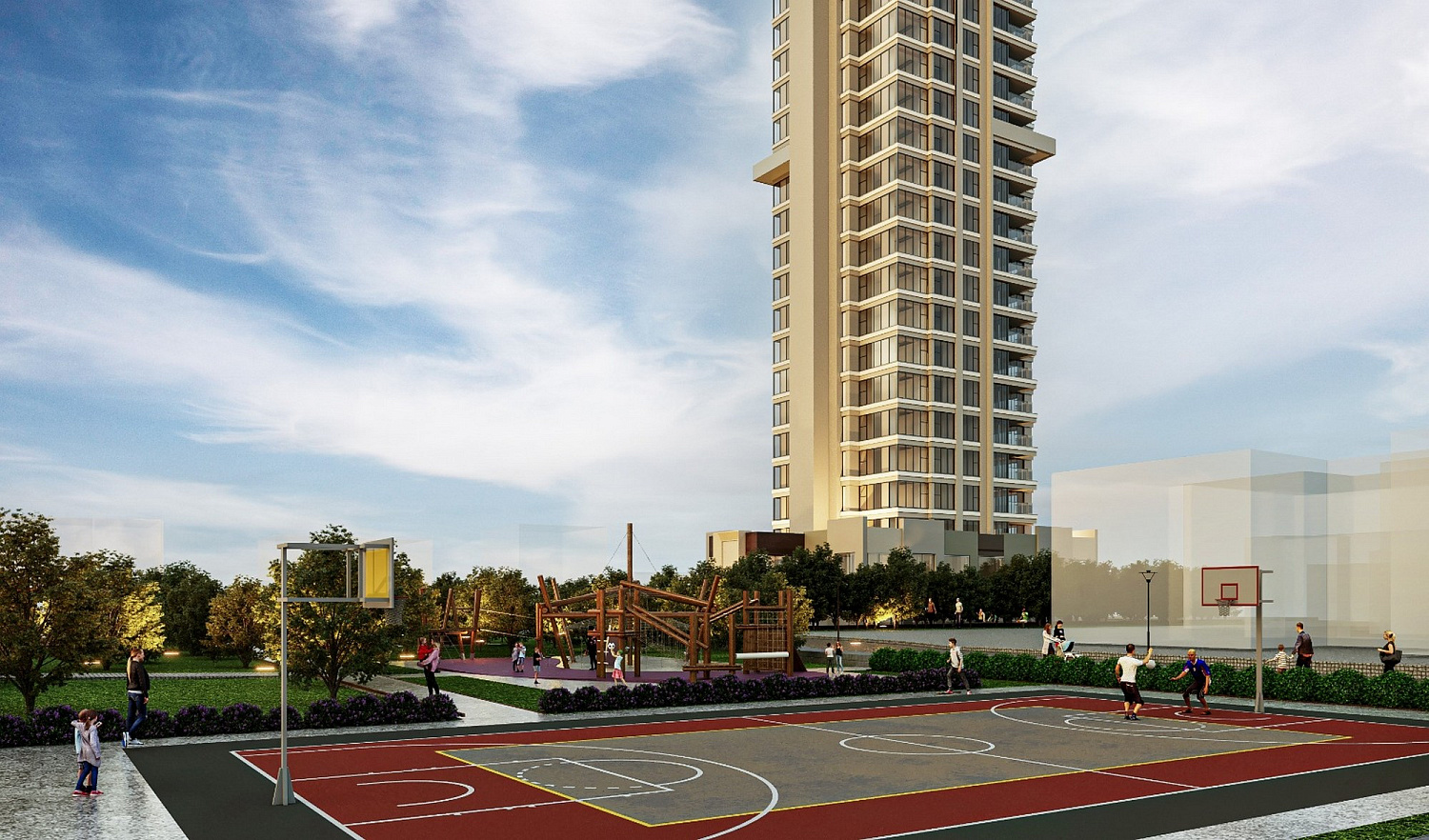 Modern residential complex with sea and forest views
