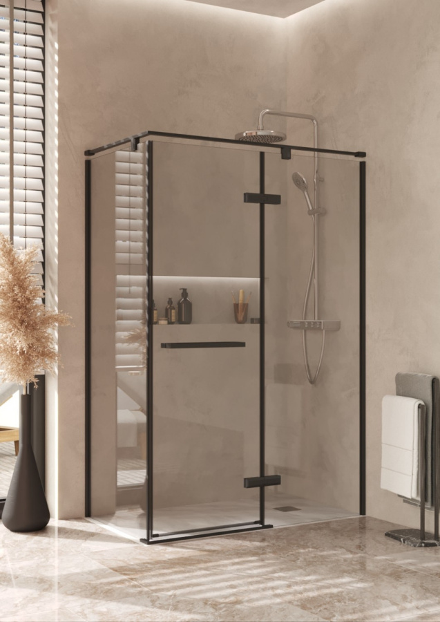 Photo Roca Acropolis door right with side panel 140x80 ZRU9307905 matte black, glass transparent