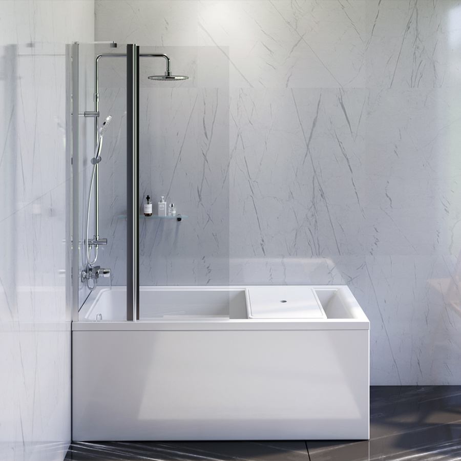 Photo Set of acrylic bath AM.PM Gem W90ASET-150D3W5 with frame and curtain on board the bath W90BS-D3W5-140CT+ shower system Gem with bath mixer F0790000+F90A10