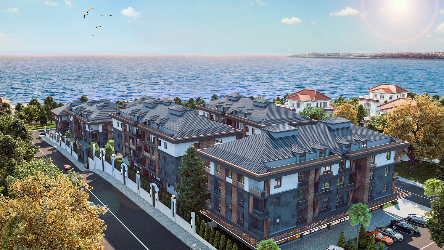 Modern complex next to the marina and green areas