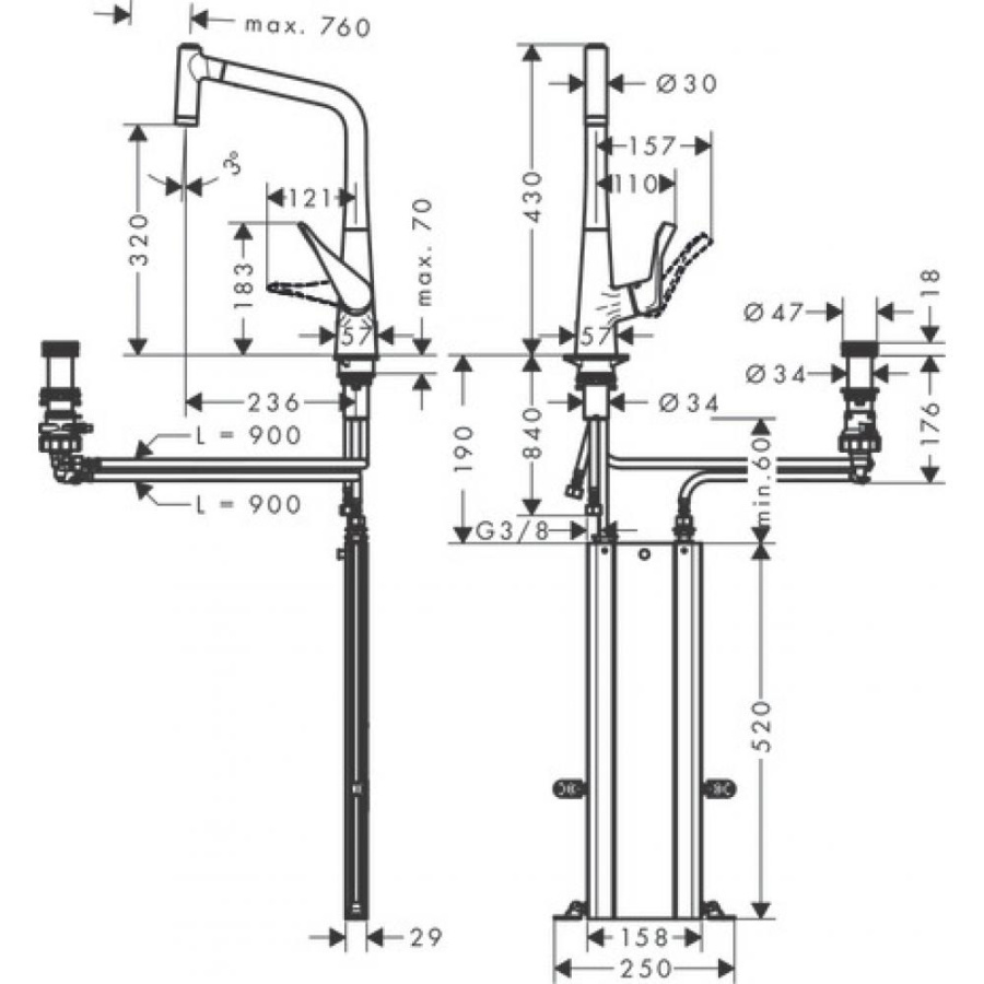 Photo Kitchen mixer hansgrohe Metris Select M71 320, 2jet, sBox 73806800 for 2 holes, with exhaust shower steel